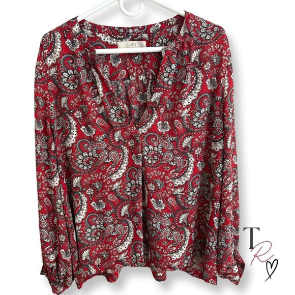 LOFT Red Paisley Print Long Sleeve  Split Neck Fall Career Blouse Size XL - Picture 2 of 11